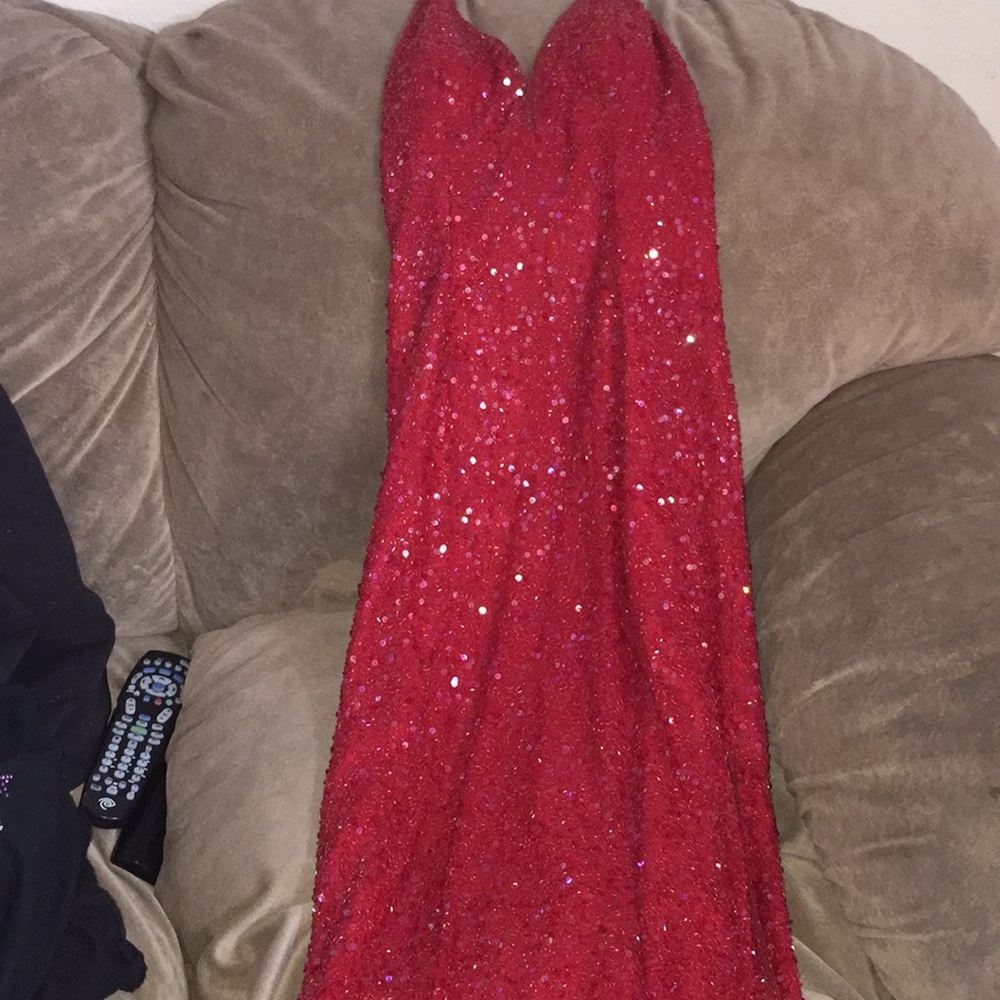 Red sequins halter maxi dress